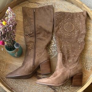Tan  Suede Embellished Knee-High Boots